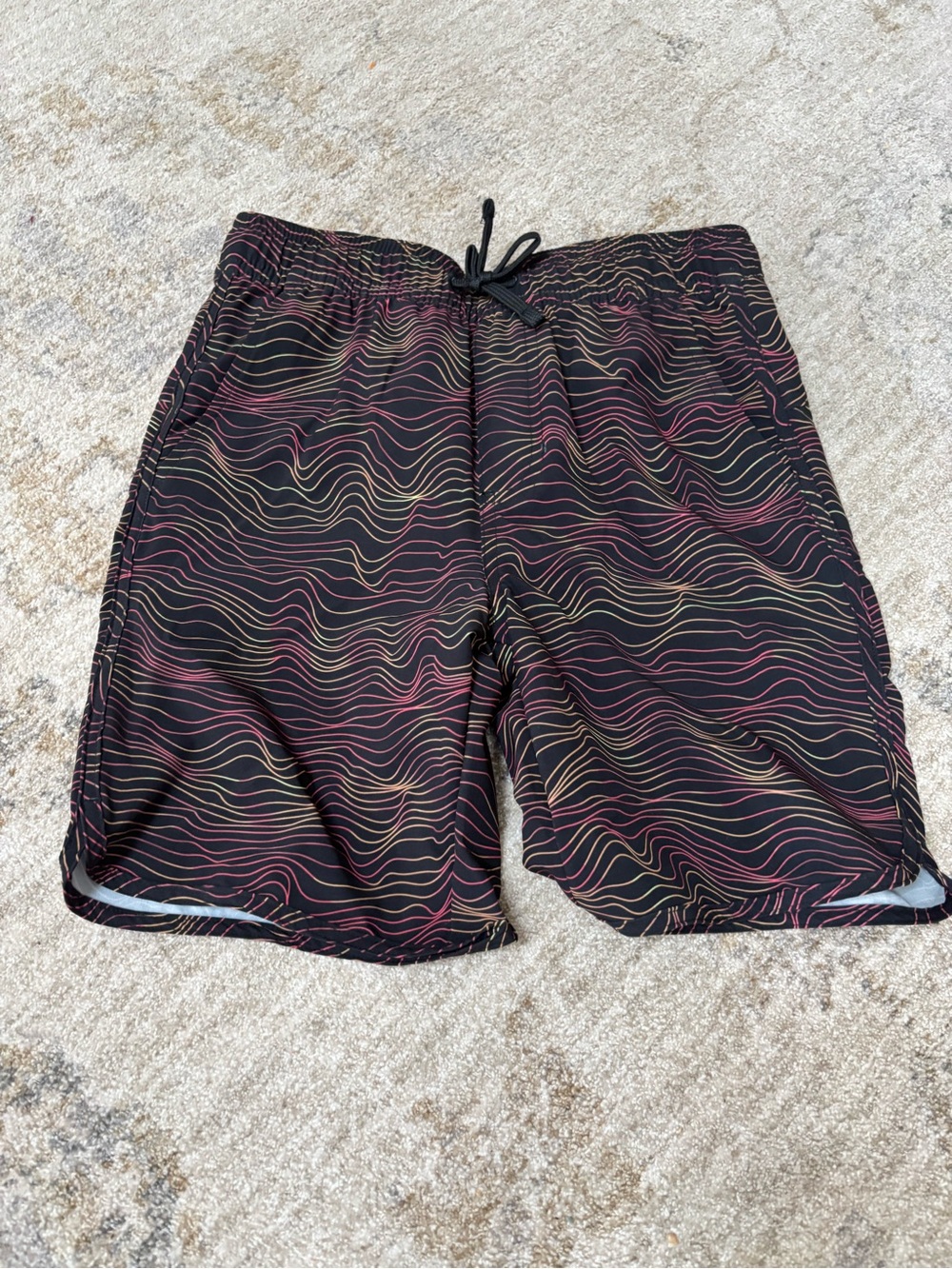 Zella Surf Style Swim Trunks with Red and Yellow Wave Print